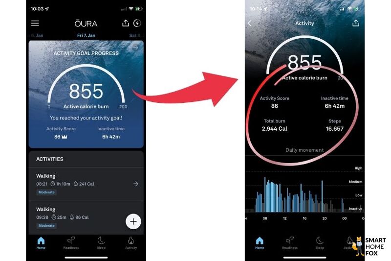 Показатель активности можно посмотреть в приложении Oura Арр.